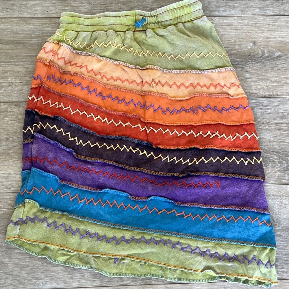EzHippie Asymmetrical 100% Cotton Elastic Waist Midi Skirt Rainbow Boho Hippie M